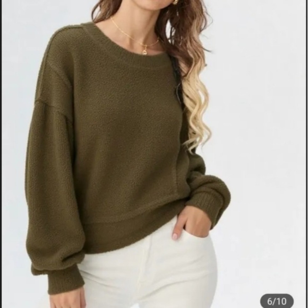 Very J New In Olive Green Textured Popcorn Knit Balloon Sleeve Sweater NT11338 S